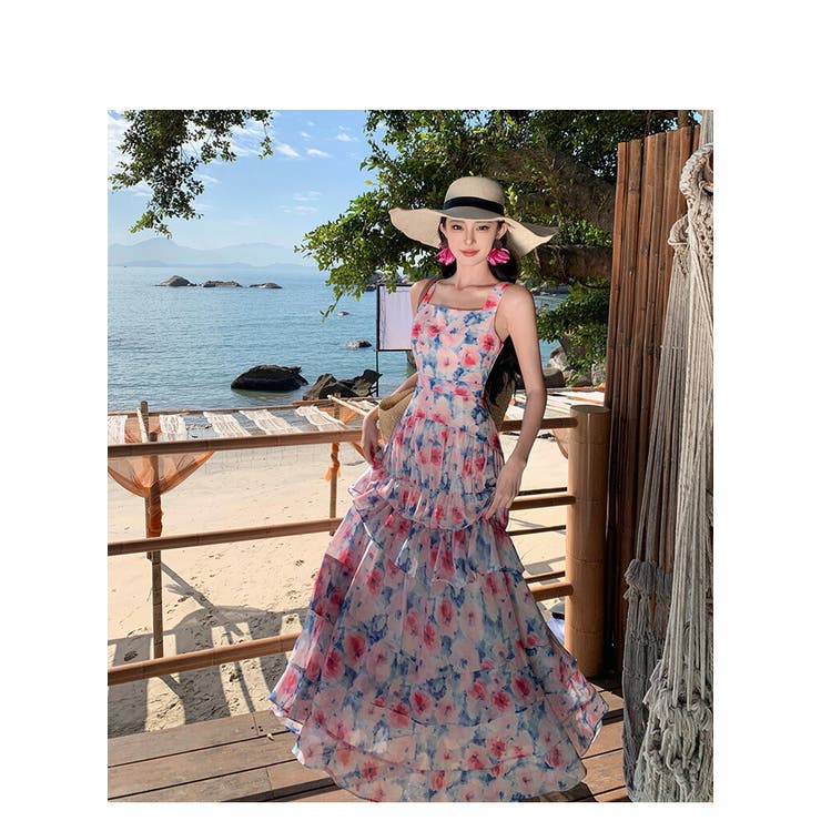 花柄ワンピース オシャレドレス リゾート Aライン リゾートワンピ 花柄 Aライン[品番：JSFW0013394]｜JS FASHION