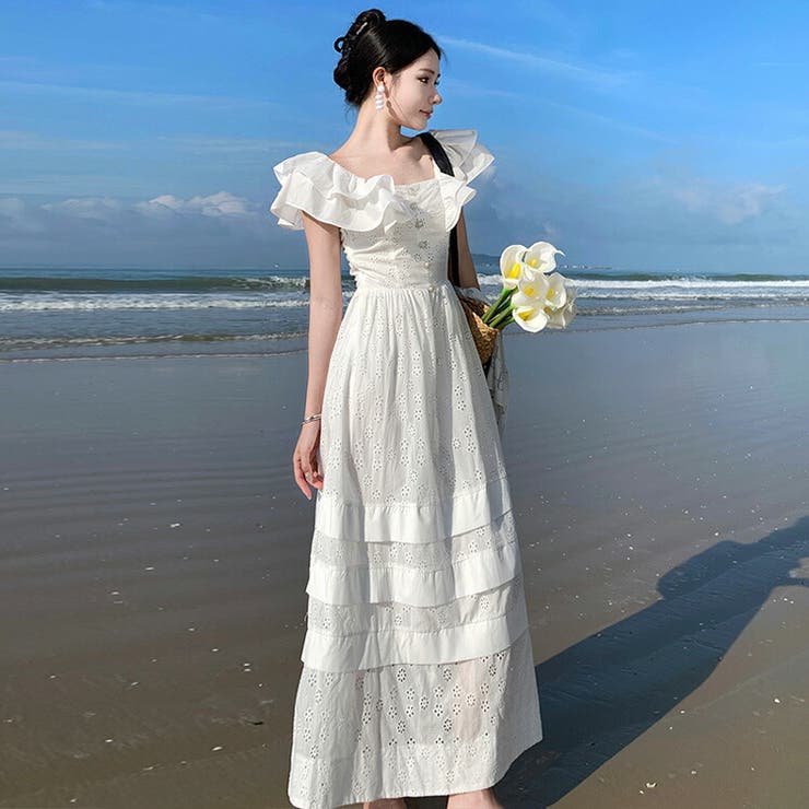 ナチュラルリゾート ロングドレス レース風フリル ワンピ 楽天市場】ロングワンピース レース ホワイト 白 結婚式 ロング