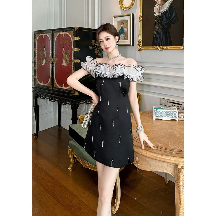 2WAYチュールトップスパールAラインドレス結婚式二次会パーティー