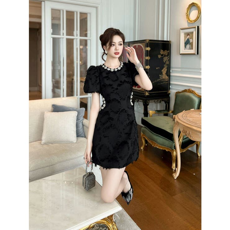 パーティードレス ビジューネック ウエストビジュー[品番：JSFW0013666