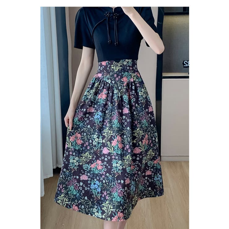 DAY CLOSET ワンピース レディース Vネック花柄ウエスト絞り