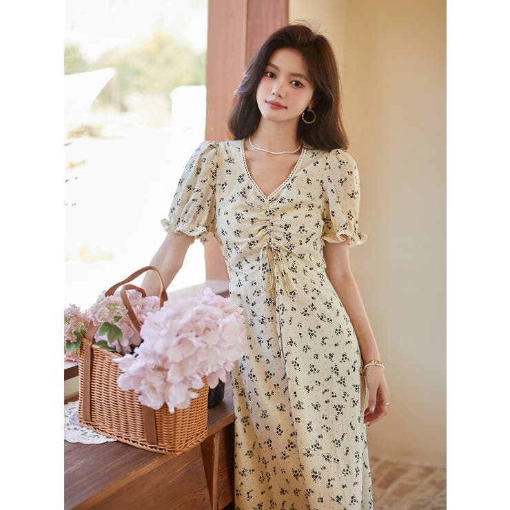 美品　ふりふ♡和柄　花柄　ゆったり　ロングシャツワンピース　パフスリーブ　日本製 花柄ワンピ パフスリーブ 花柄[品番：JSFW0013492]｜JS FASHION