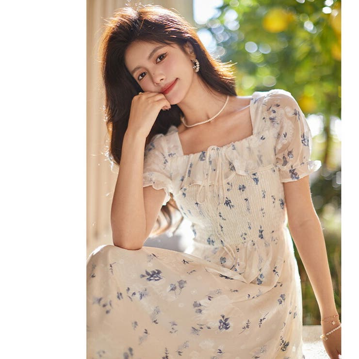 花柄ワンピ 胸元シャーリング シフォン[品番：JSFW0013498]｜JS