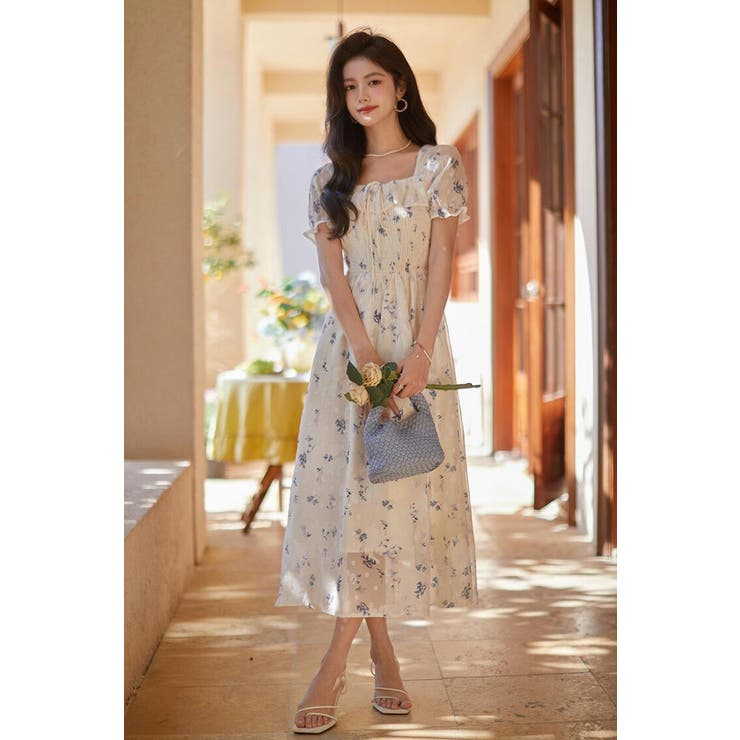 花柄ワンピ 胸元シャーリング シフォン[品番：JSFW0013498]｜JS