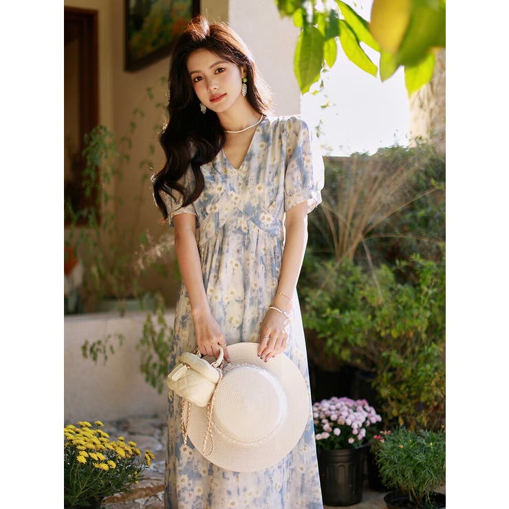 花柄ワンピ パフスリーブ Vネック[品番：JSFW0013499]｜JS FASHION