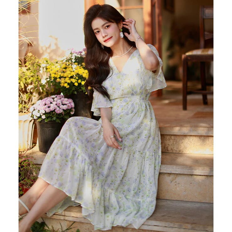 初売りセール 花柄ワンピ ウエストゴム[品番：JSFW0013500]｜JS シフォン ワンピース
