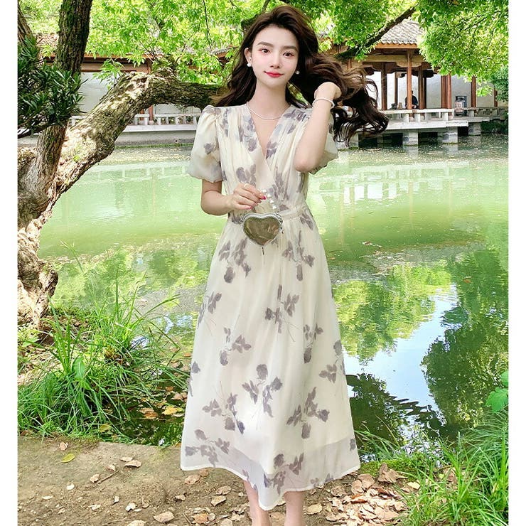 花柄ワンピ シフォン Vネック | JS FASHION | 詳細画像1 