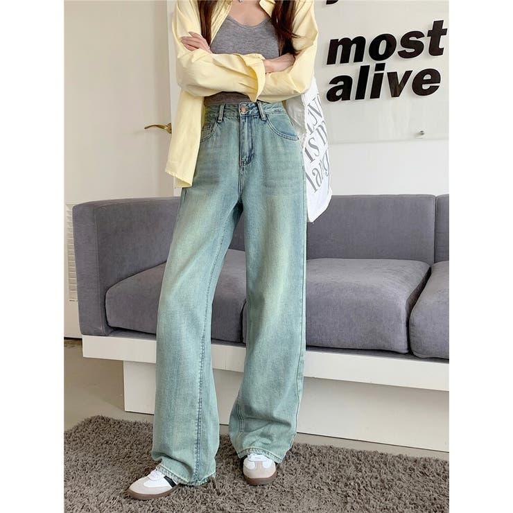 ワイドストレート デニムパンツ ポケットデザイン[品番 ワイドストレート デニムパンツ ポケットデザイン[品番