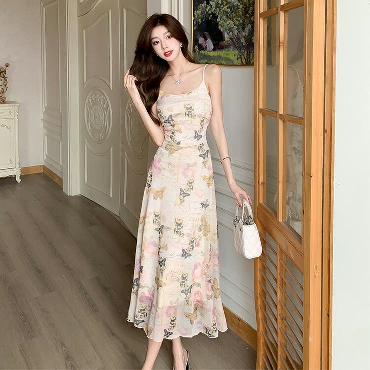 蝶々柄 ノースリーブワンピース★おしゃれ 大人可愛い キュート 花柄ワンピース 蝶々柄 ノースリーブ[品番：JSFW0013566]｜JS