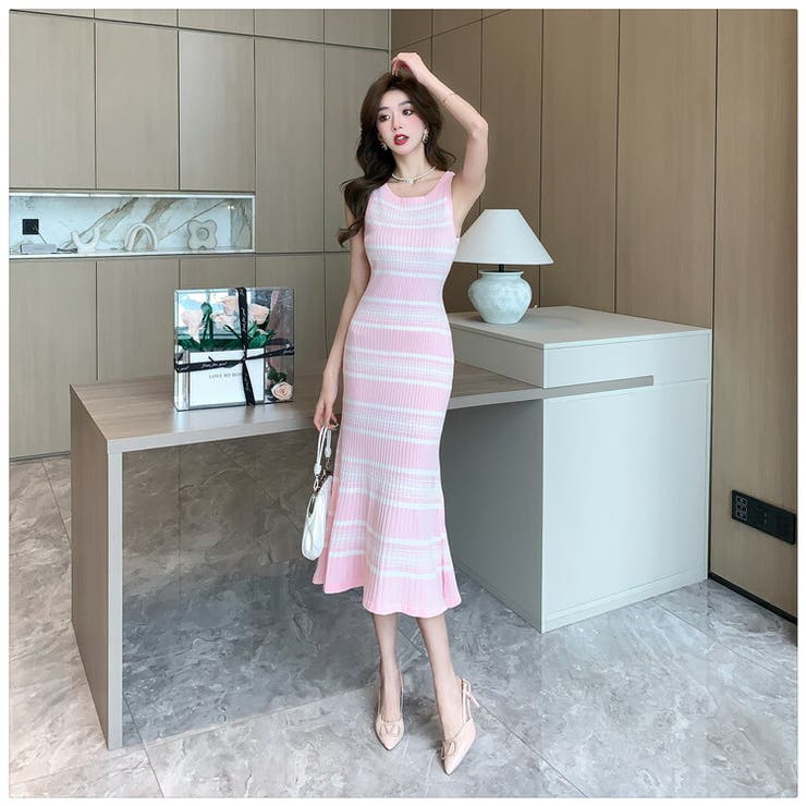 マーメイドワンピース マルチボーダー柄 ノースリーブ | JS FASHION | 詳細画像8 