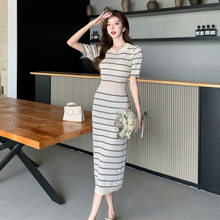 半袖柄ワンピース ワンピース 波柄 半袖[品番：JSFW0013829]｜JS FASHION（ジェー