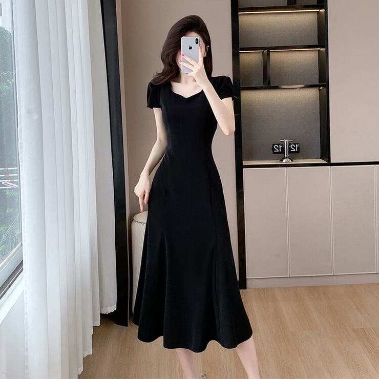 マーメイドワンピース パフスリーブ ダイヤモンドネック | JS FASHION | 詳細画像1 