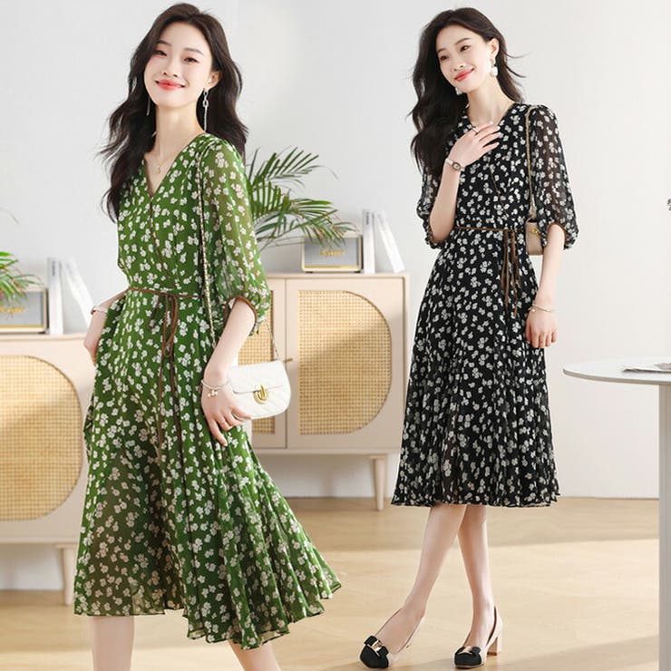 花柄ワンピ 全2色 シフォン[品番：JSFW0013782]｜JS FASHION