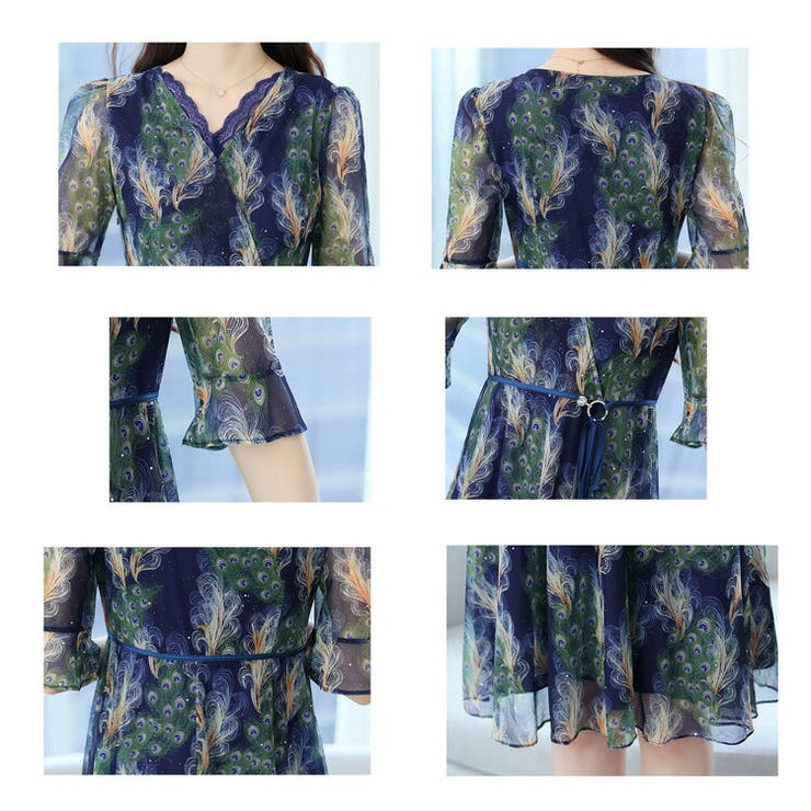ワンピース Aライン 孔雀柄風[品番：JSFW0013791]｜JS FASHION