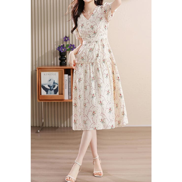 花柄ワンピース Vネック ウエストリボン[品番：JSFW0013948]｜JS