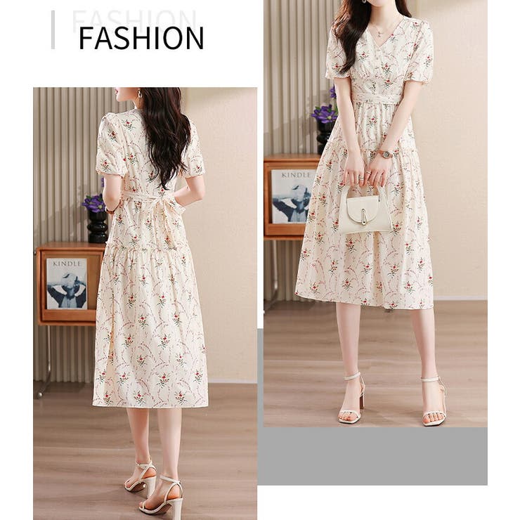 花柄ワンピース Vネック ウエストリボン[品番：JSFW0013948]｜JS