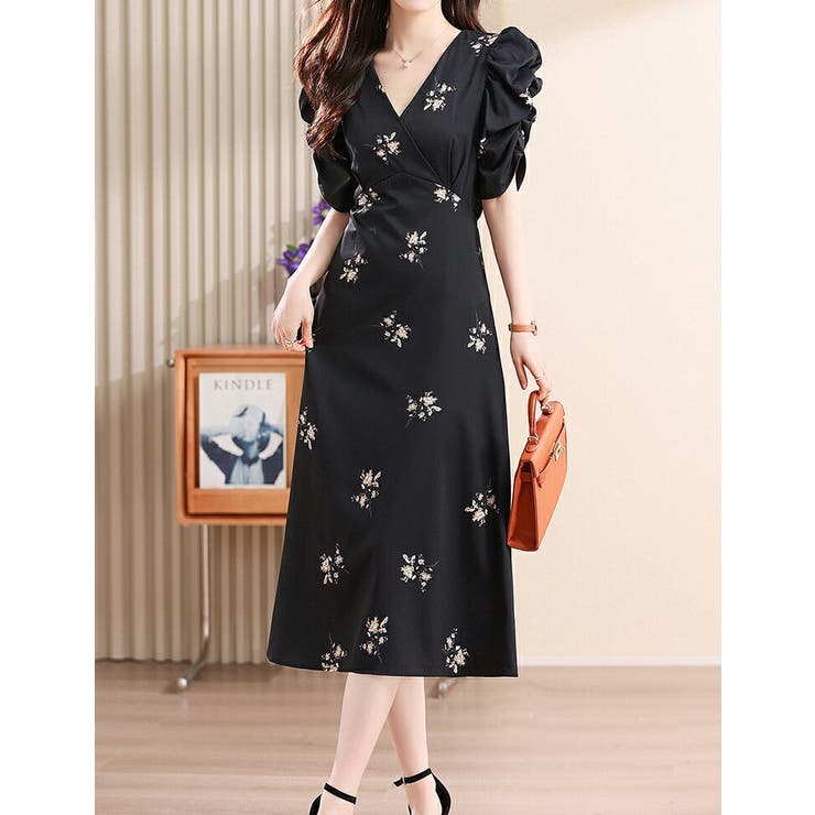 ★ELF SACK ★ 花柄シフォンv スリムスリットワンピース/送料込 マキシワンピース ロングワンピース シフォンワンピース 花柄 V