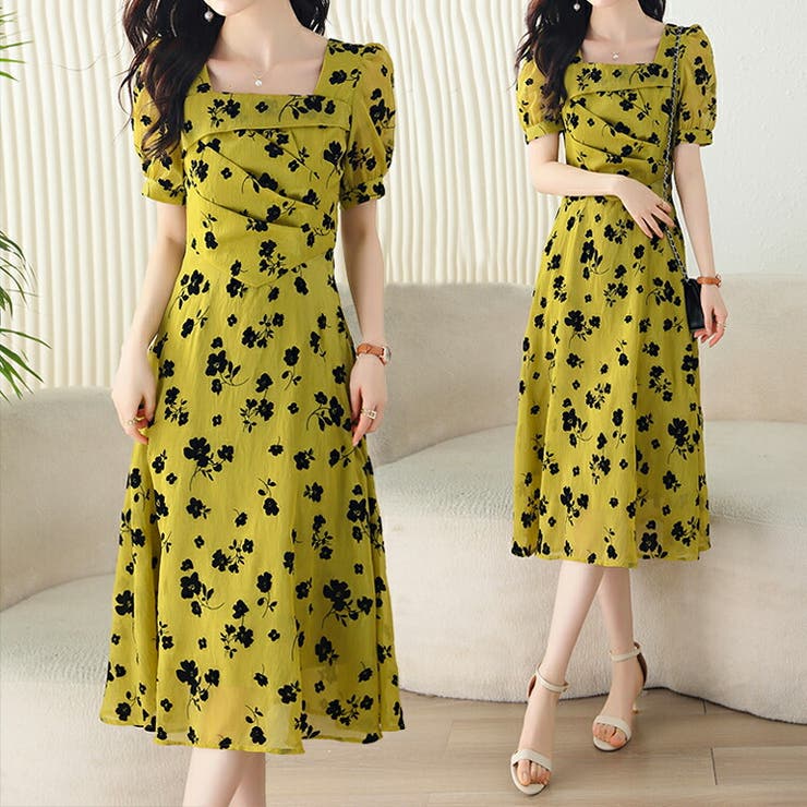 花柄ワンピース スクエアネック 透け感 | JS FASHION | 詳細画像1 