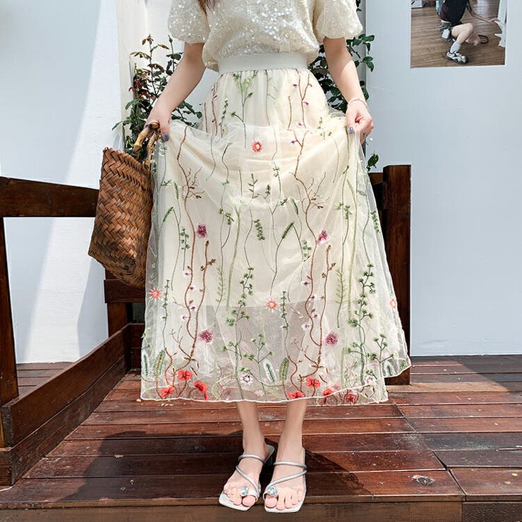 チュールスカート 刺繍 全3色[品番：JSFW0013958]｜JS FASHION