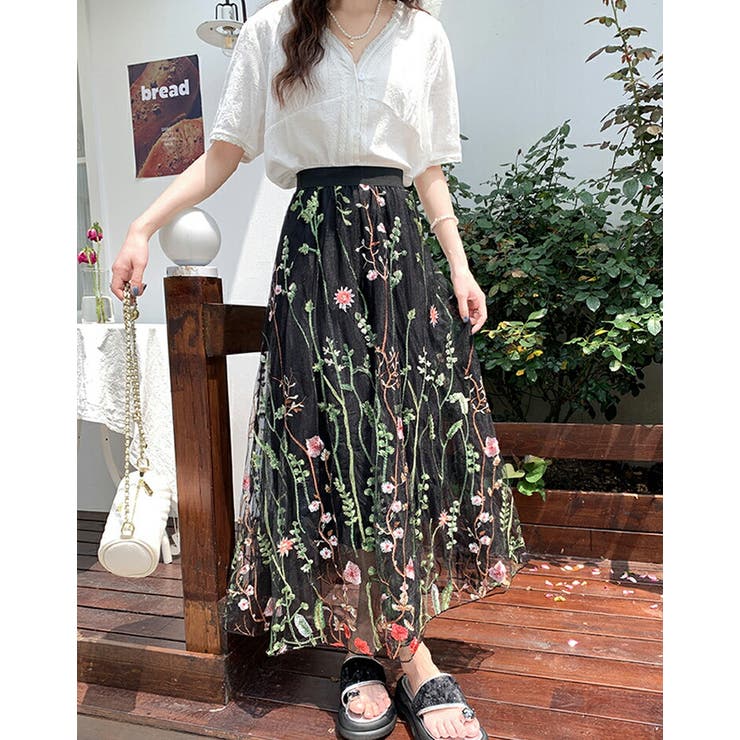チュールスカート 刺繍 全3色[品番：JSFW0013958]｜JS FASHION