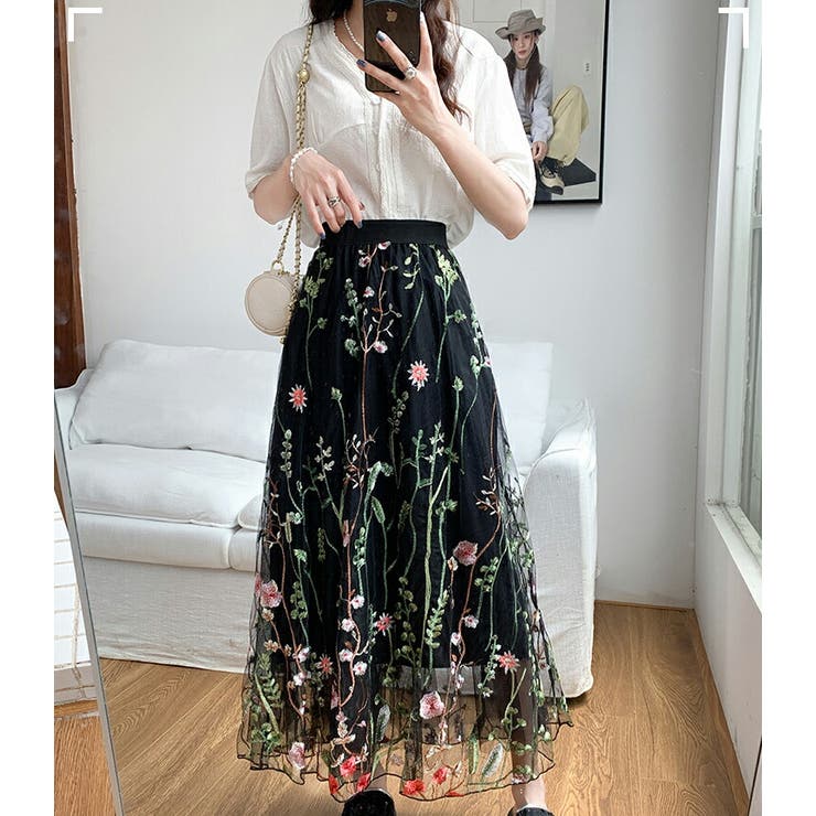 チュールスカート 刺繍 全3色[品番：JSFW0013958]｜JS FASHION