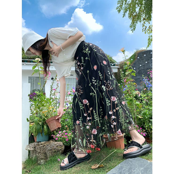 チュールスカート 刺繍 全3色[品番：JSFW0013958]｜JS FASHION