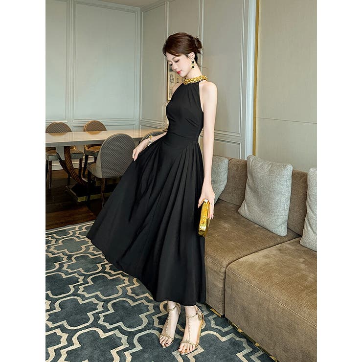 パーティードレス Aラインワンピ ビジューネック[品番