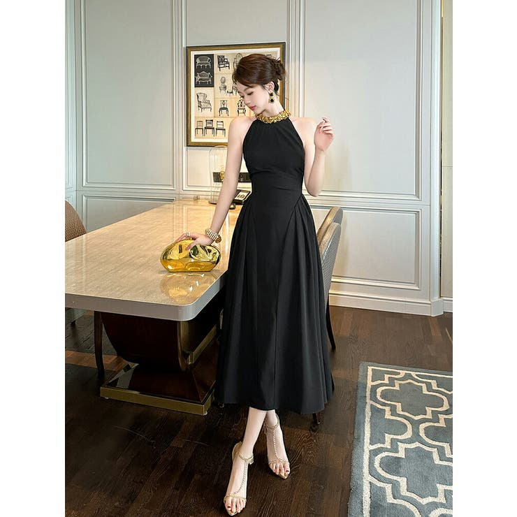 パーティードレス Aラインワンピ ビジューネック[品番