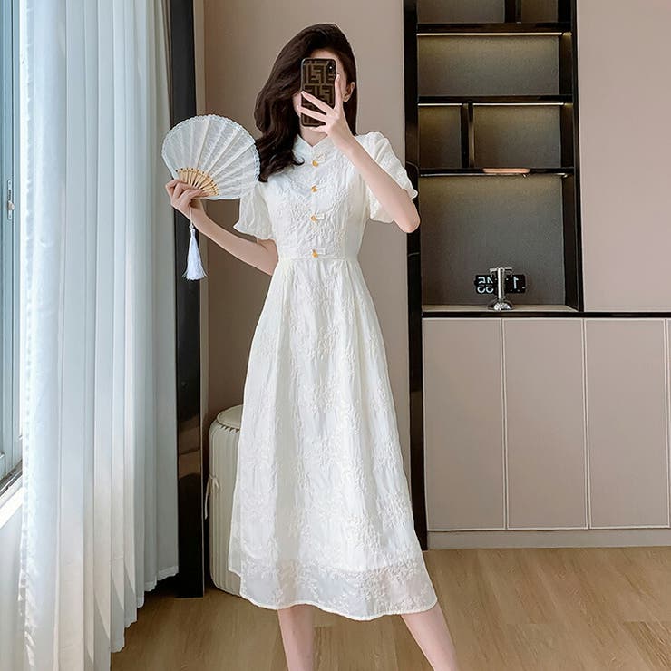 いラインアップ ワンピース チャイナドレス風 パフスリーブ[品番：JSFW0013934 ワンピース