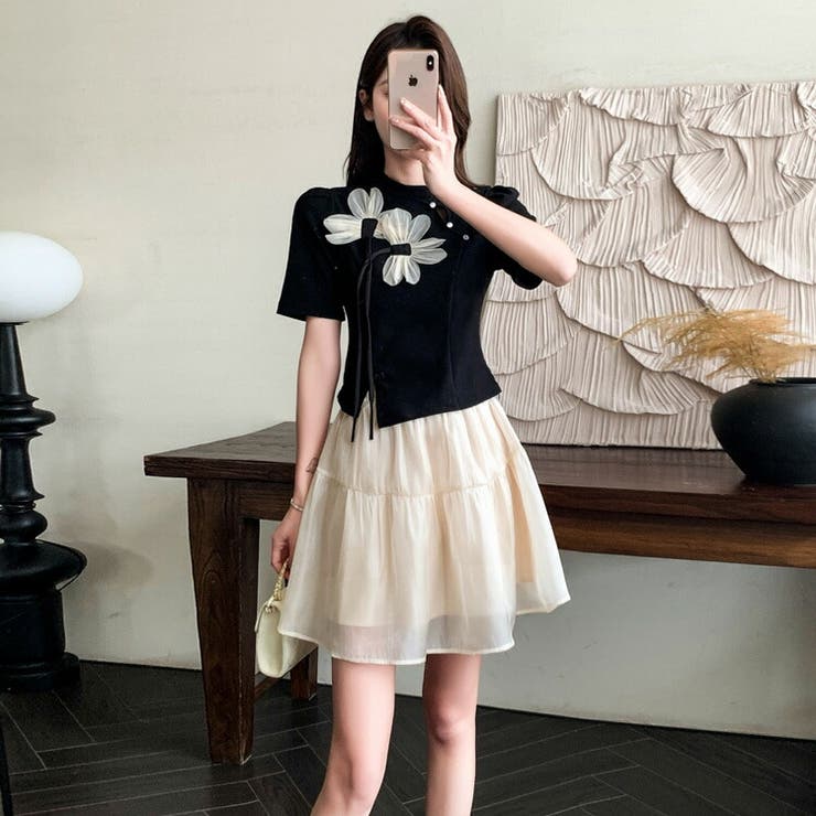 セットアップ チャイナドレス風 フラワーモチーフトップス[品番