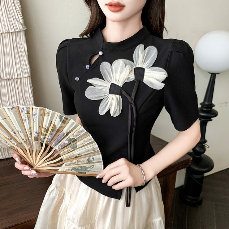セットアップ チャイナドレス風 フラワーモチーフトップス[品番