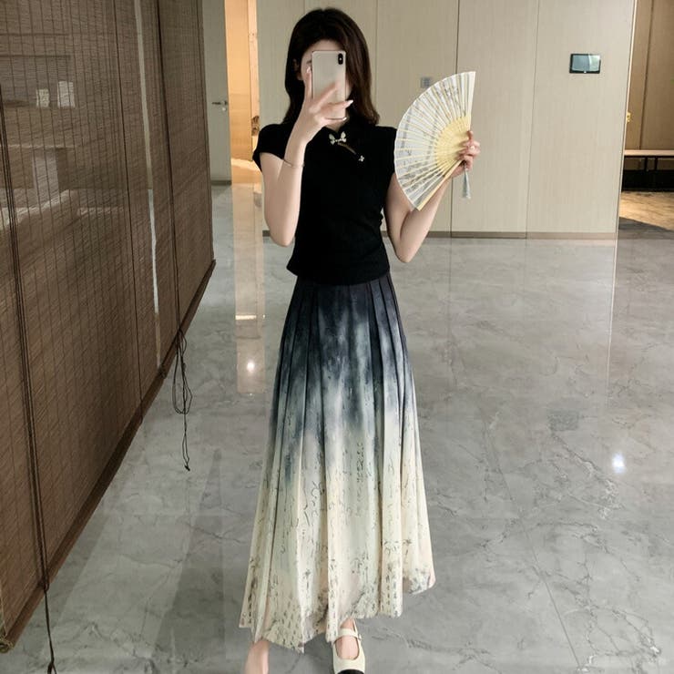 セットアップ チャイナドレス風トップス ロングスカート[品番