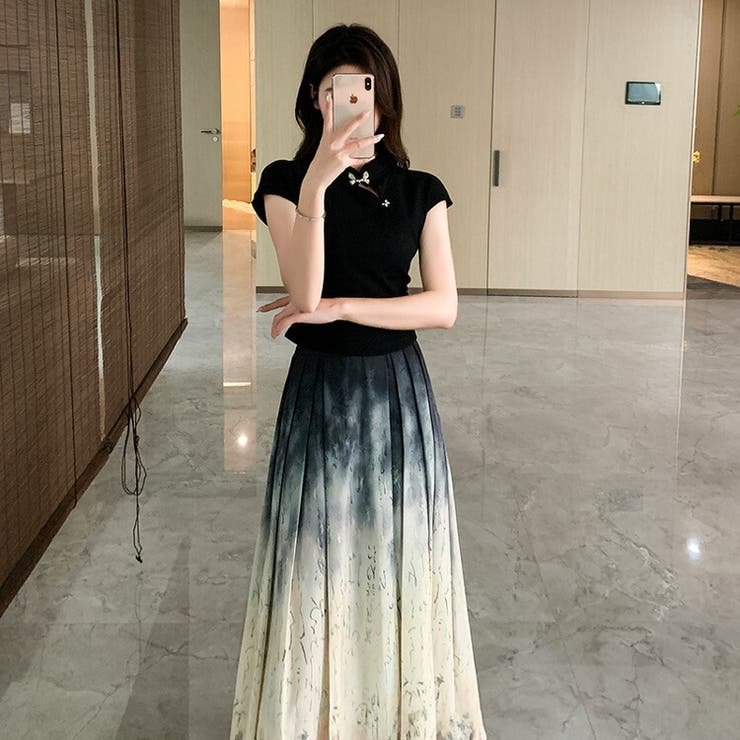 セットアップ チャイナドレス風トップス ロングスカート[品番