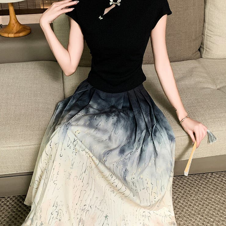 韓国 チャイナドレス セットアップ トップス ロングスカート チャイナ風服 二点セットアップ トップス+Aラインスカート
