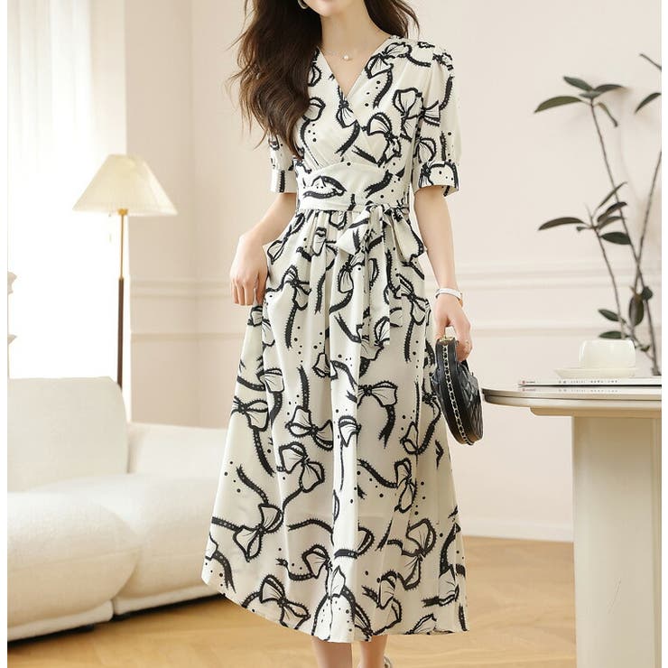春夏新作モデル ワンピース リボン柄 Aライン[品番：JSFW0014081]｜JS FASHION ワンピース