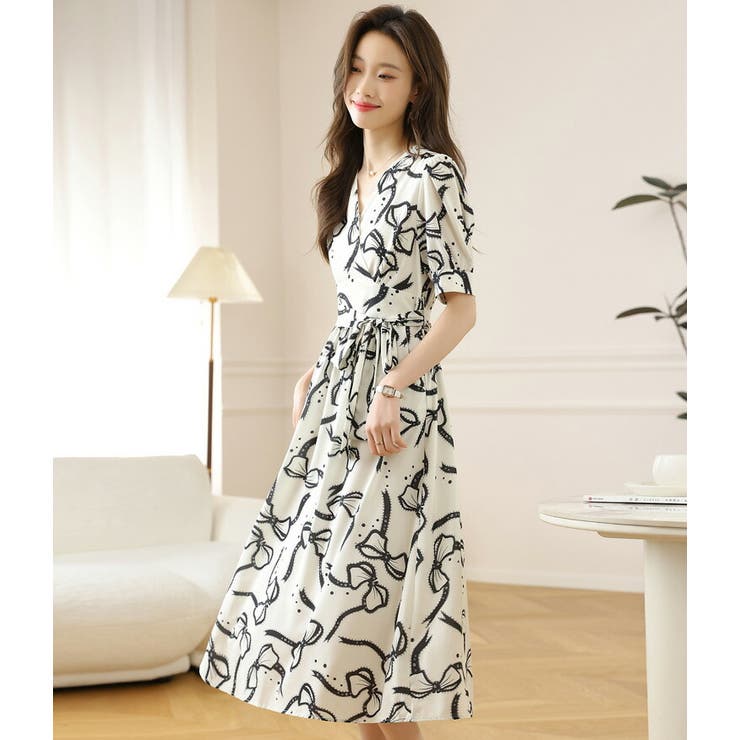 ワンピース リボン柄 Aライン[品番：JSFW0014081]｜JS FASHION