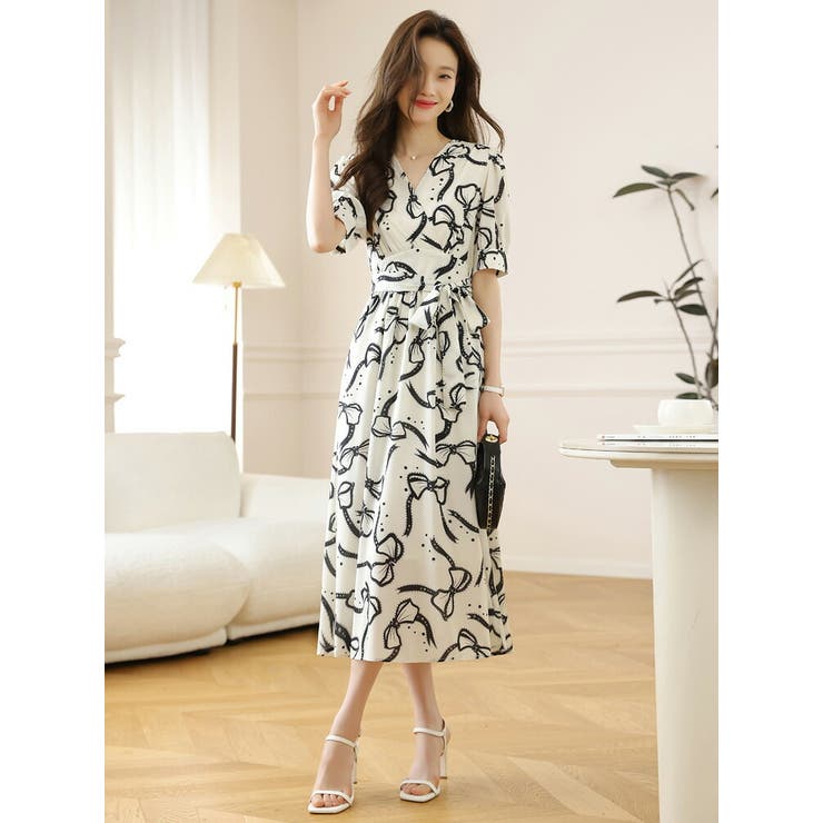 【待望★】 ワンピース FASHION Aライン[品番：JSFW0014081]｜JS リボン柄 ワンピース