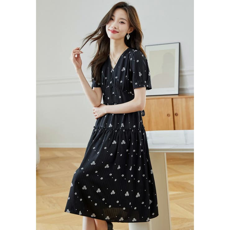DAY CLOSET ワンピース レディース Vネック花柄ウエスト絞り
