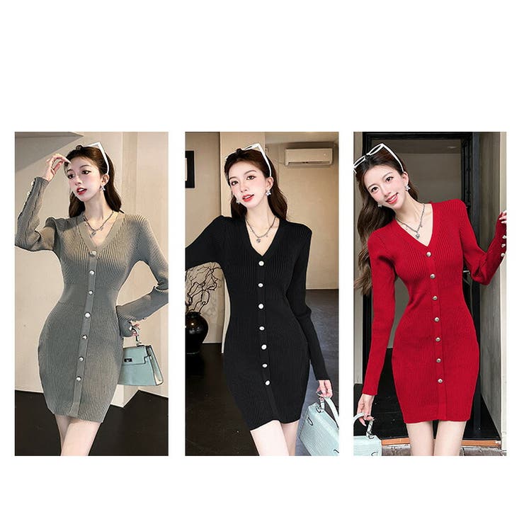 【新作入荷!!】  ニットワンピース 全3色 ボタンデザイン[品番：JSFW0014405]｜JS 小物