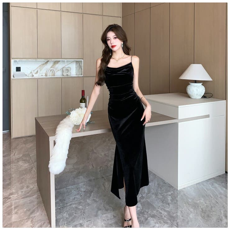 【ポメ】ノエラ ドレープベロアワンピース ブラック S ノエラ NOELA ドレープベロアワンピ （ブラック） - ファッション通販