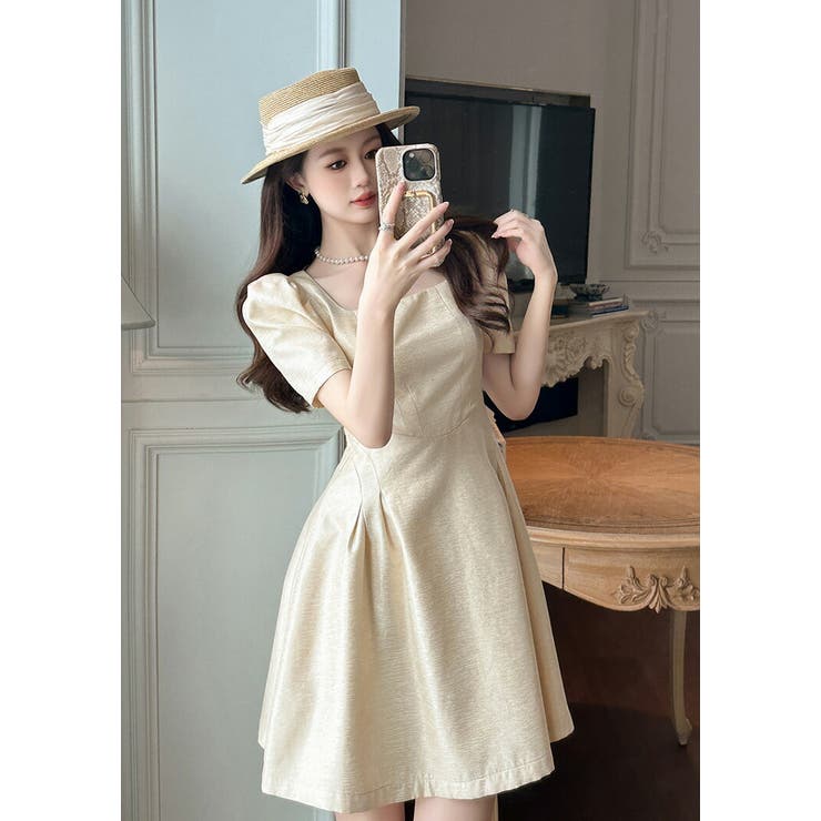 スクエアネック Aラインワンピ パーティドレス 清楚 お呼ばれ GIRL DRESS FOR NOW ドレス レーススリーブXラインキーネック
