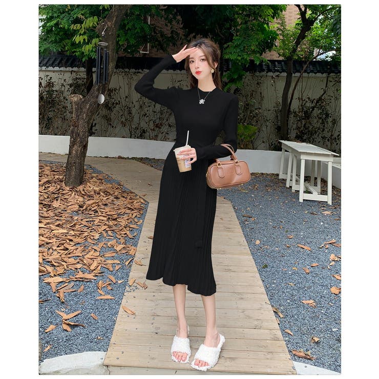 【最安値に挑戦】 ニットワンピース Aライン[品番：JSFW0014124]｜JS プリーツ風 ワンピース