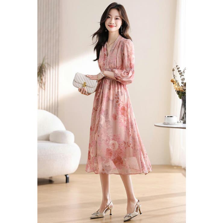 花柄ワンピース シフォン Aラインワンピ[品番：JSFW0014234]｜JS
