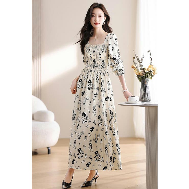 花柄ワンピース スクエアネック シャーリング[品番：JSFW0014236]｜JS