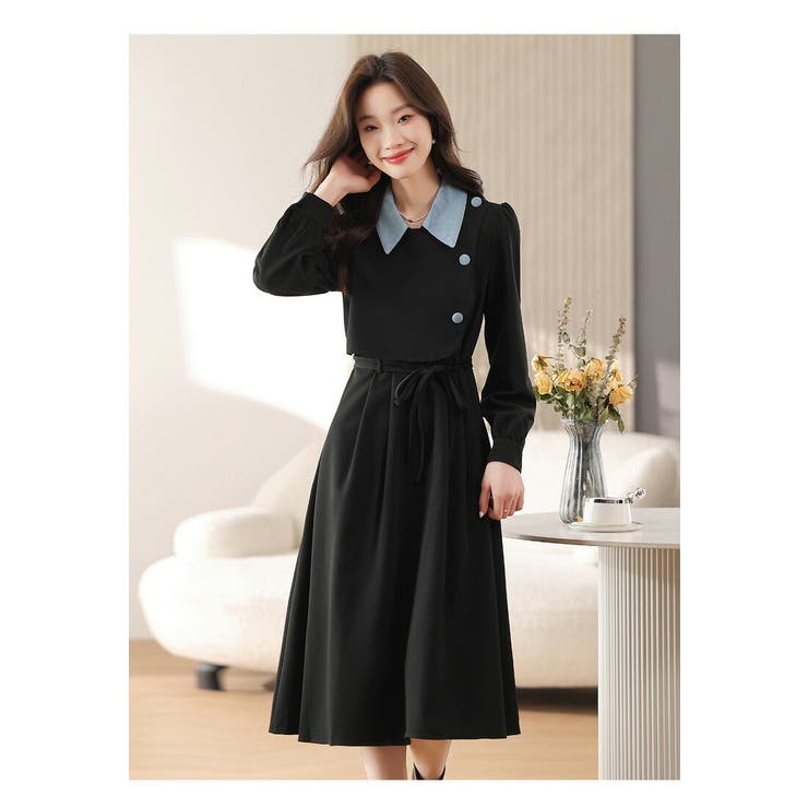 【新品・未使用】yuni Aライン レイヤード ワンピース 日本製 ブラック yuni（ユニ ）の「60/-リネン イカムネAラインワンピース（ワンピース