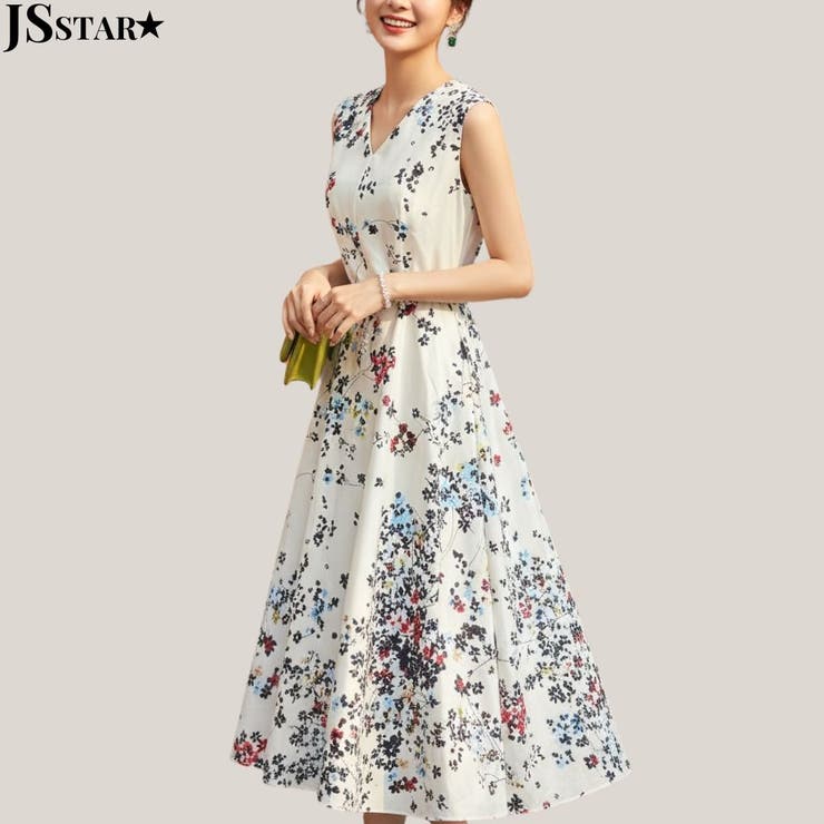 ノースリーブ 花柄ワンピース Vネック[品番：JSFW0007140]｜JS FASHION