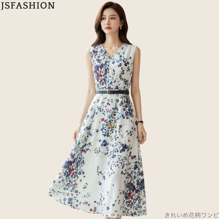 ノースリーブ 花柄ワンピース Vネック[品番：JSFW0007140]｜JS FASHION