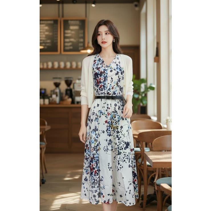 ノースリーブ 花柄ワンピース Vネック[品番：JSFW0007140]｜JS FASHION