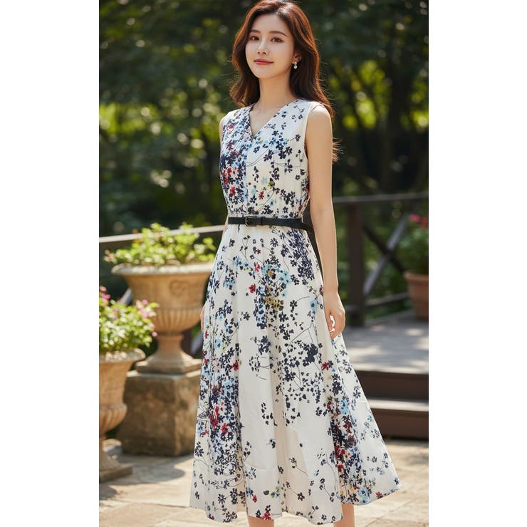 ノースリーブ 花柄ワンピース Vネック[品番：JSFW0007140]｜JS FASHION