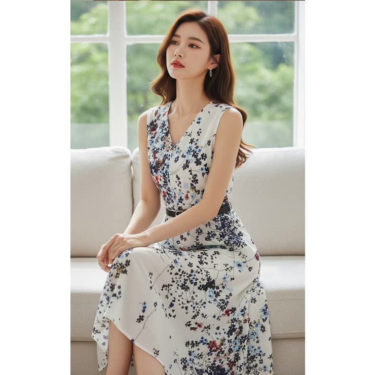 ノースリーブ 花柄ワンピース Vネック[品番：JSFW0007140]｜JS FASHION